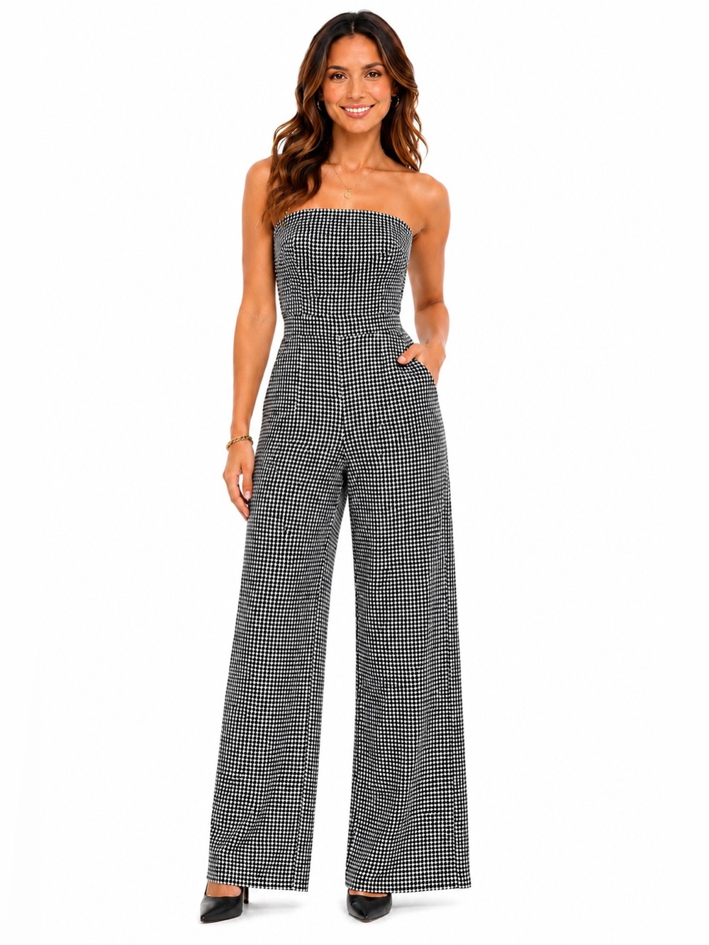 Express Houndstooth Strapless Wide Leg Jumpsuit Romper Black White SZ L Career‎
